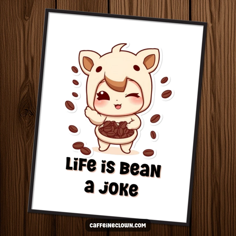Funny free printable wall art: Character winks and juggles coffee beans with a playful smirk, a whimsical coffee-themed decoration.