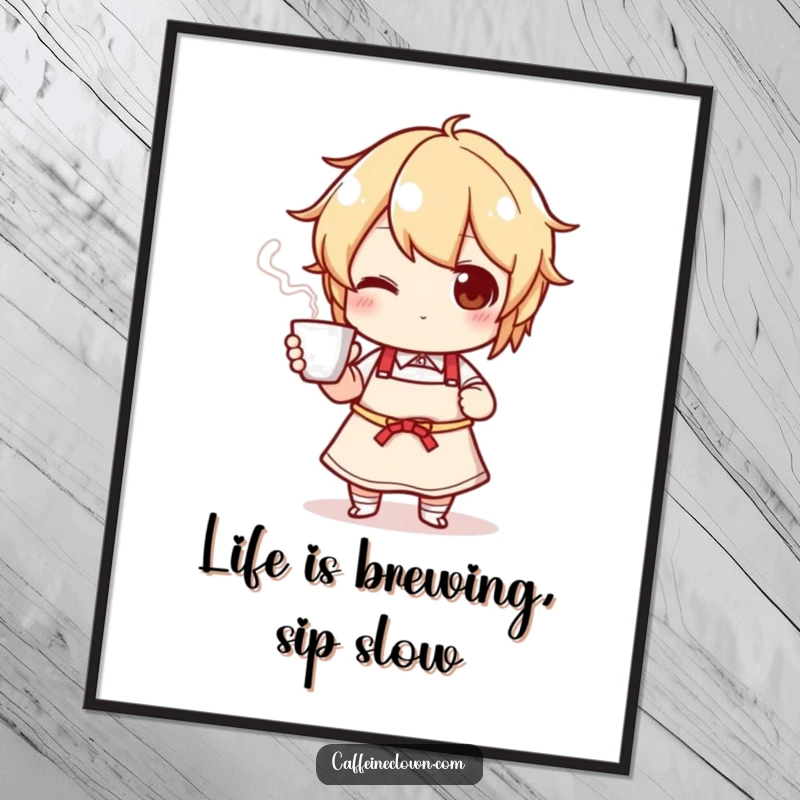 Funny Free Printable Wall Art: A chef character in an apron proudly offers a steaming cup of coffee, adding warmth and humor.