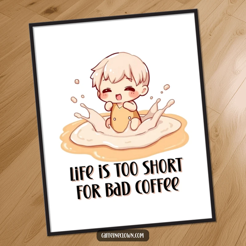 Funny Free Printable Wall Art: Whimsical character playfully splashing in a large puddle of frothy latte art, cheerful decor.