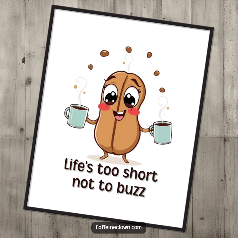 Funny Free Printable Wall Art: A hyperactive coffee bean with wide eyes, skillfully juggling several steaming mugs.