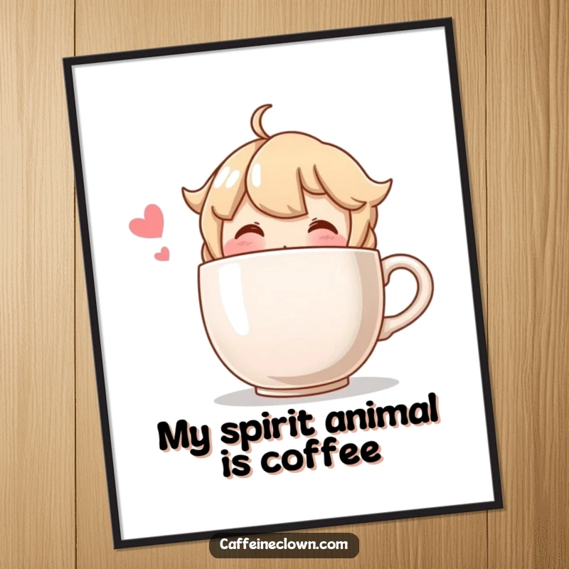 Funny Free Printable Wall Art featuring a happy character enjoying a comically oversized coffee cup, radiating contentment.