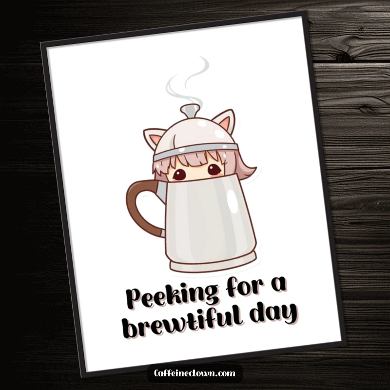 Funny Free Printable Wall Art: Character peeking playfully from behind a steaming coffee pot, whimsical scene, quirky decor.