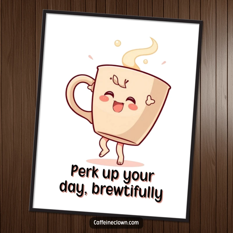 Funny Free Printable Wall Art: A cheerful coffee character performing a celebratory dance next to a giant steaming coffee cup.