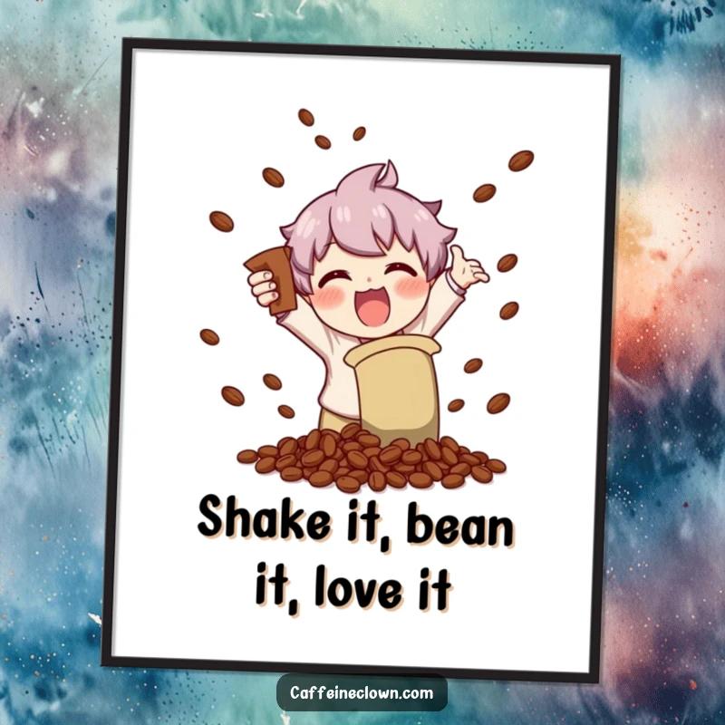 Funny Free Printable Wall Art depicting a character shaking a coffee bag with extreme glee, scattering beans like confetti.
