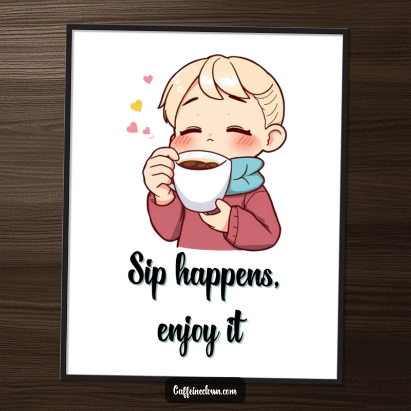 Funny Free Printable Wall Art: A character with eyes closed deeply savors a coffee sip, radiating serene enjoyment.
