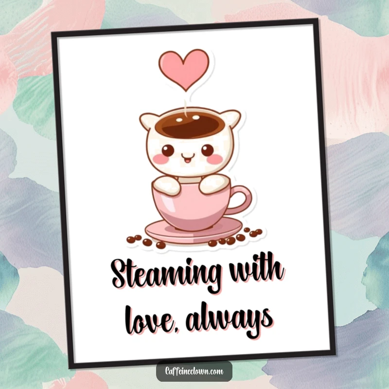 Funny Free Printable Wall Art: Coffee steam elegantly forms a heart shape, cozy atmosphere, romantic decor.