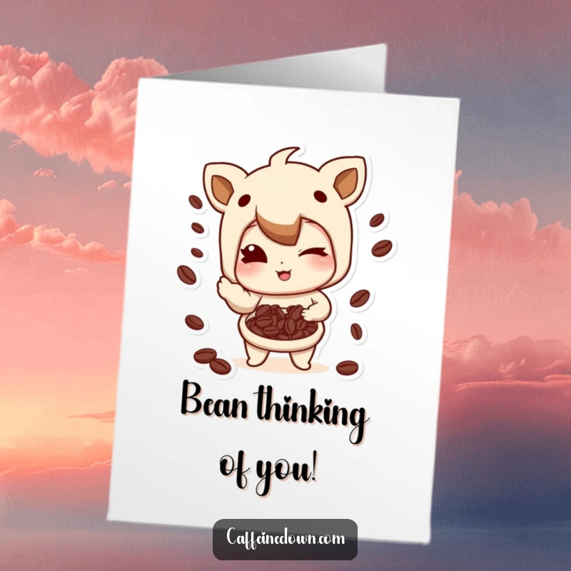 Funny free printable birthday card: Character winks and playfully juggles coffee beans with a mischievous smirk, ready to party.