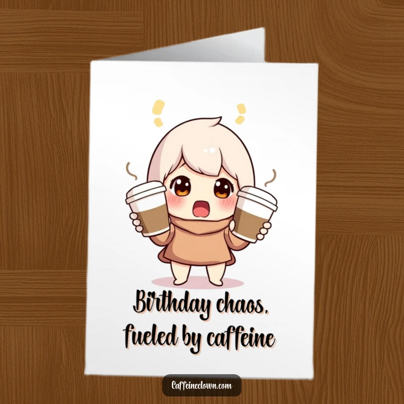 Funny Free Printable Birthday Card showing a character surprised while juggling three coffee cups precariously.