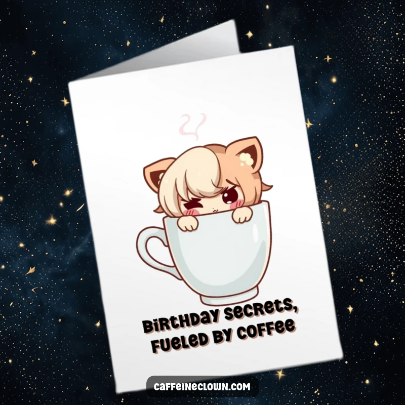 Funny Free Printable Birthday Card: Character peeking with a mischievous grin from behind a steaming coffee cup, playful birthday surprise.