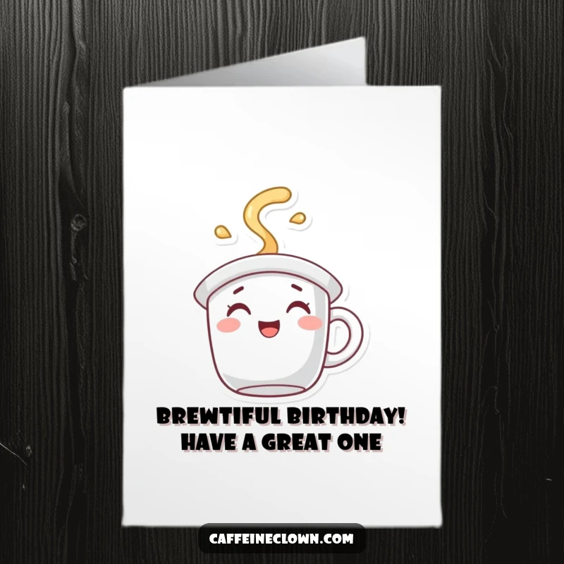Funny Free Printable Birthday Card: Coffee mug hat character spilling joyful steam, conveying birthday cheer, perfect downloadable gift.