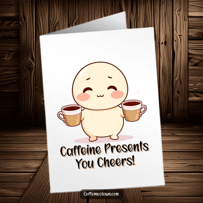 Funny Free Printable Birthday Card featuring a round, rosy-cheeked character expertly juggling three steaming coffee cups.