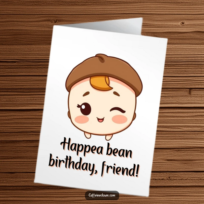 Funny Free Printable Birthday Card: Character wearing a coffee bean hat winks and smiles, wishing happy birthday.