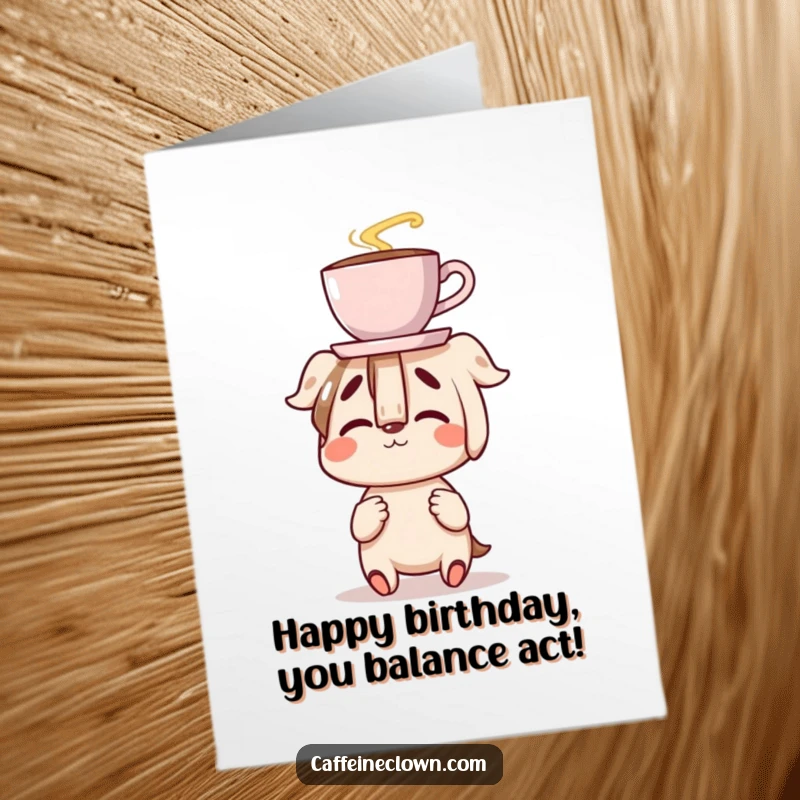 Funny Free Printable Birthday Card: Character delightedly balancing a coffee cup on their nose with a clumsy, happy expression.