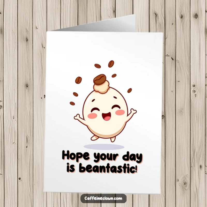 Funny Free Printable Birthday Card: A giggling character gleefully bounces as a coffee bean bounces on its head.