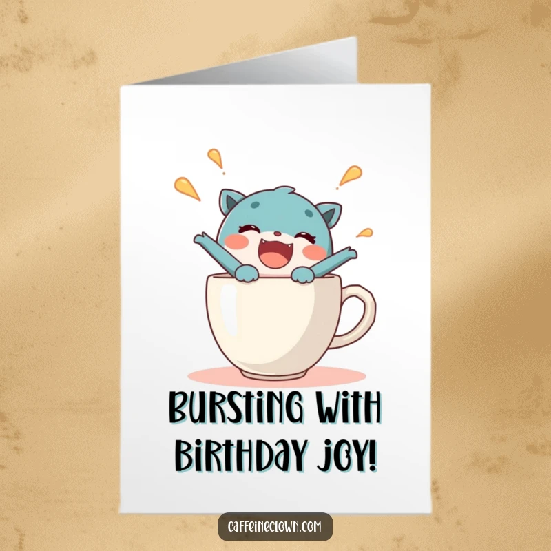 Funny Free Printable Birthday Card: A delighted character erupts with pure joy from a steaming coffee cup, radiating happiness.