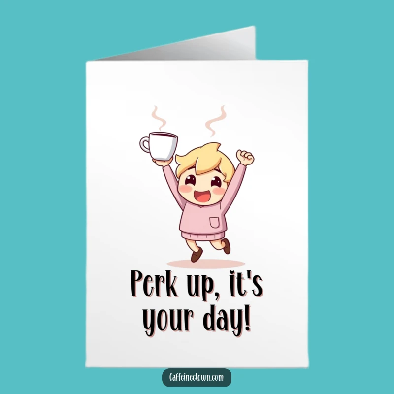 Free Printable Birthday Card: Energetic Coffee Character, Downloadable Joyful Gift!