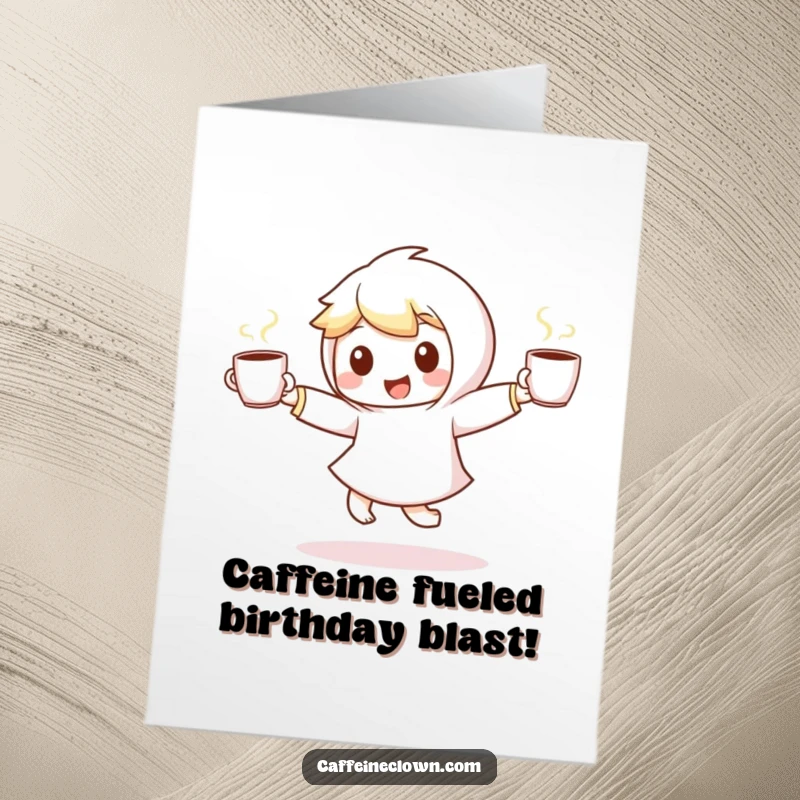 Funny Free Printable Birthday Card: A small character gleefully dances with two steaming coffee cups, radiating pure joy.