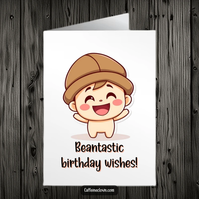 Funny Free Printable Birthday Card: Kawaii coffee bean character grins widely, wearing a cute hat, ready to party.
