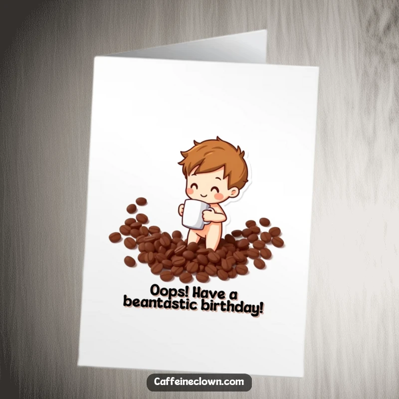 Funny Free Printable Birthday Card: A tiny figure joyfully spills coffee beans while holding a mug, creating a comical mess.