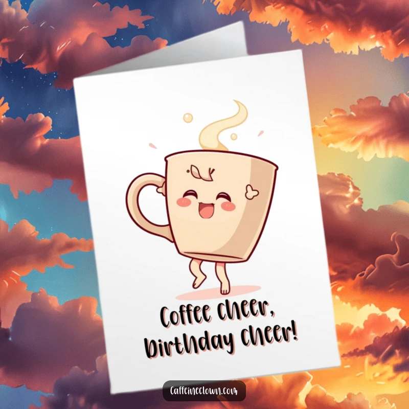 Funny Free Printable Birthday Card: Coffee character joyfully dancing with a giant steaming coffee cup.