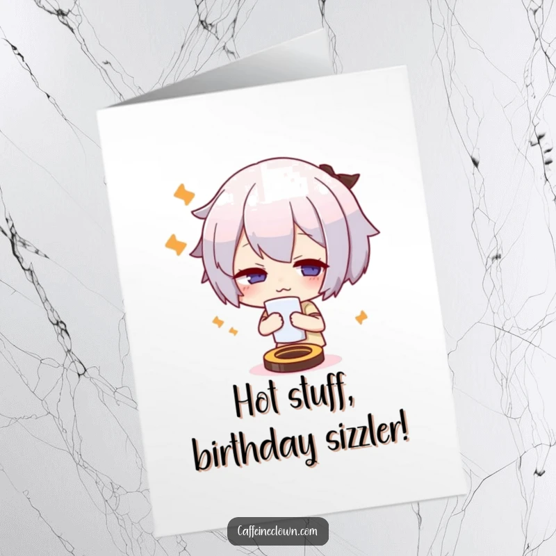 Funny Free Printable Birthday Card featuring a cute character dramatically fanning themselves, looking extremely overheated and needing a cool drink.