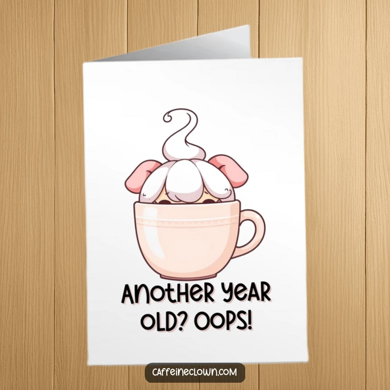 Funny Free Printable Birthday Card: Character peeking over a steaming mug, wide-eyed and mischievous, ready for a delightful surprise.