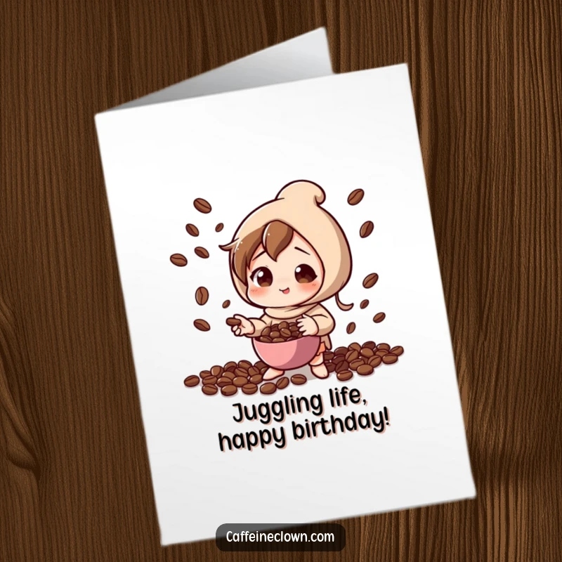 Funny Free Printable Birthday Card: Character juggling coffee beans with focused, playful concentration.