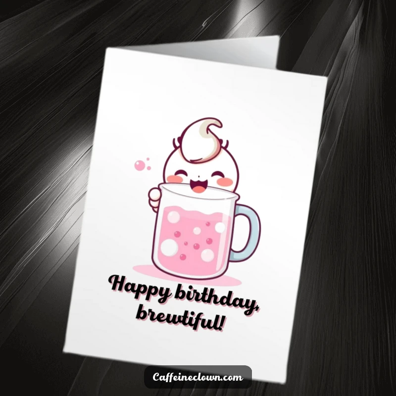 Free Printable Birthday Card: Cute kawaii character gleefully mixing bubbling liquids in a large mug, delightful and funny.