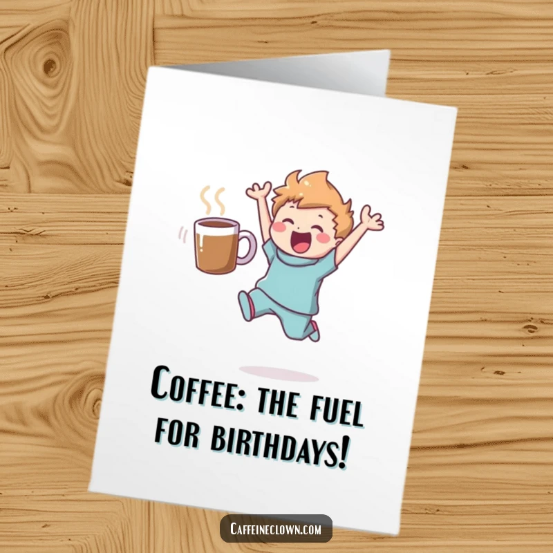 Funny Free Printable Birthday Card: A delighted character leaps with a floating coffee mug, celebrating joyfully.