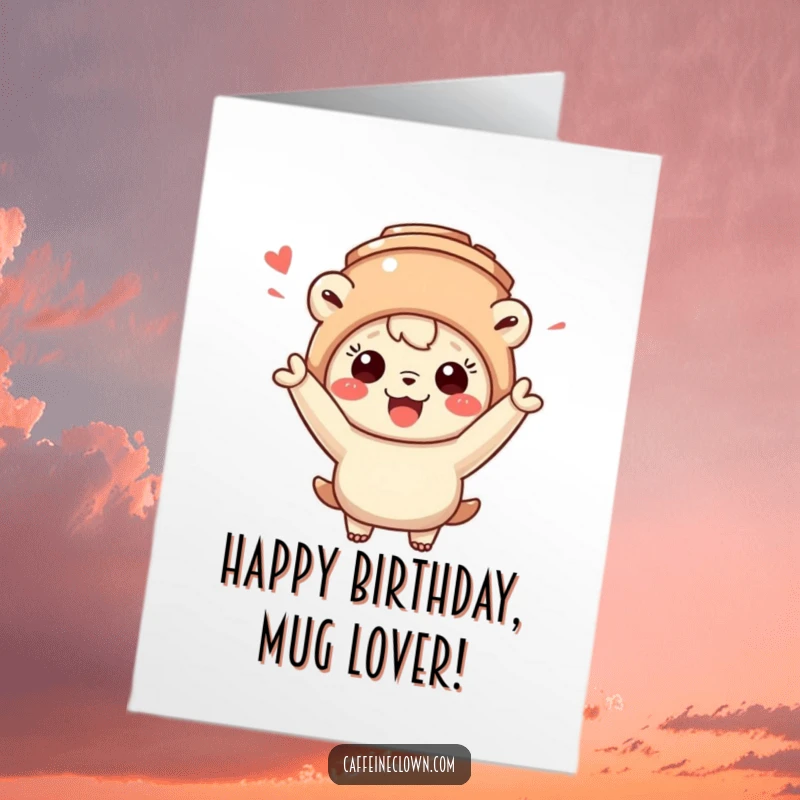 Funny Free Printable Birthday Card: A sweet creature sports a coffee mug hat, cheering enthusiastically with pure joy.
