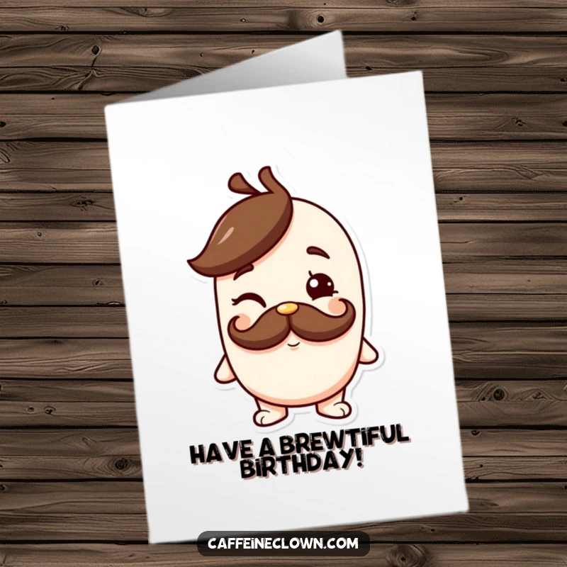 Funny Free Printable Birthday Card: Character with a coffee mustache gives a cheeky wink, exuding charm.