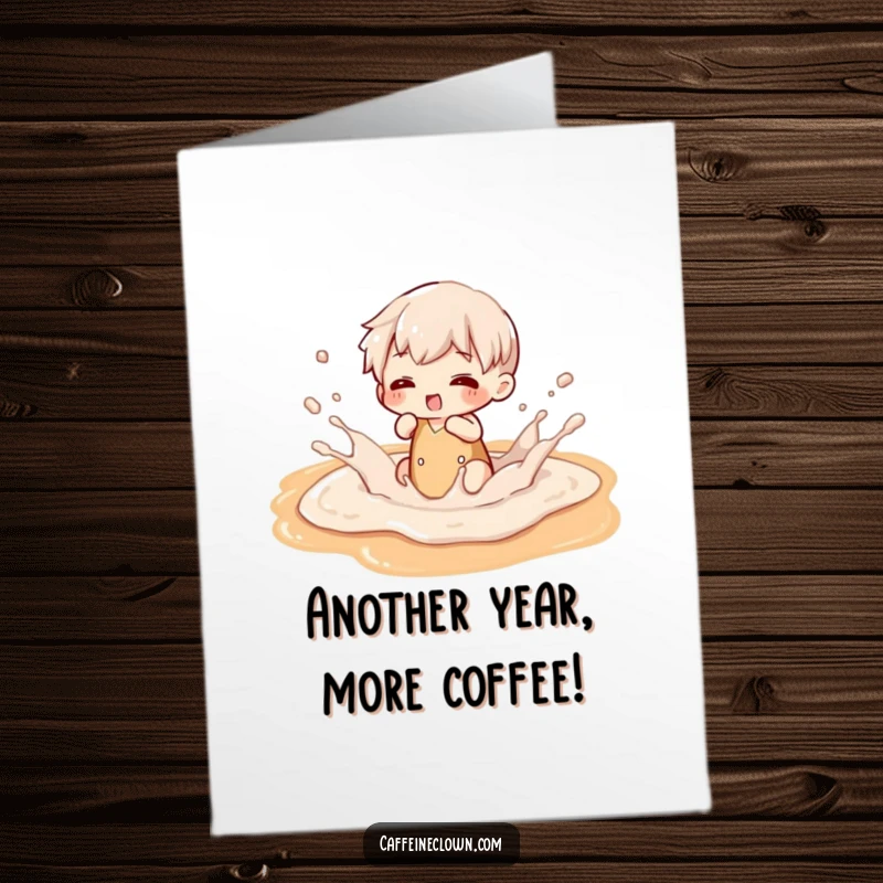 Funny Free Printable Birthday Card: Character gleefully splashing in a giant puddle of creamy latte art, spreading joy.