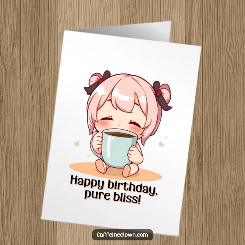 Funny Free Printable Birthday Card: Character sips coffee with eyes closed in pure bliss, happy birthday.