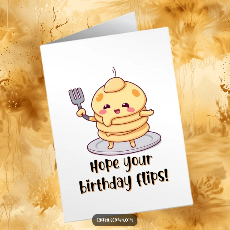 Funny Free Printable Birthday Card: A playful pancake character attempts a self-flip with a spatula, hilariously mid-air.