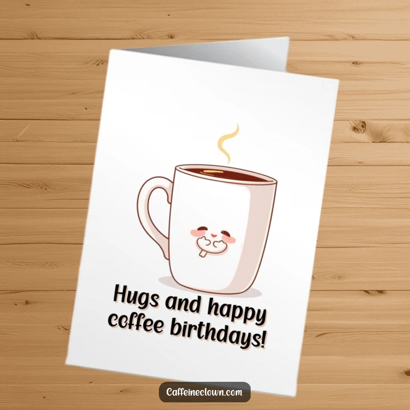 Funny Free Printable Birthday Card: A small character lovingly hugs a massive, steaming coffee mug, radiating warmth.