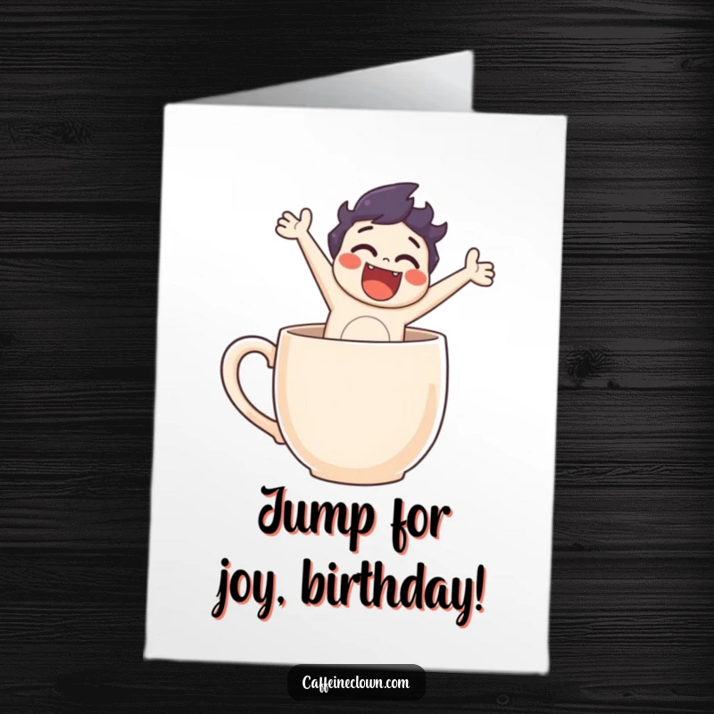 Funny Free Printable Birthday Card: Character hilariously jumping out of a steaming coffee mug, symbolizing energetic celebration.