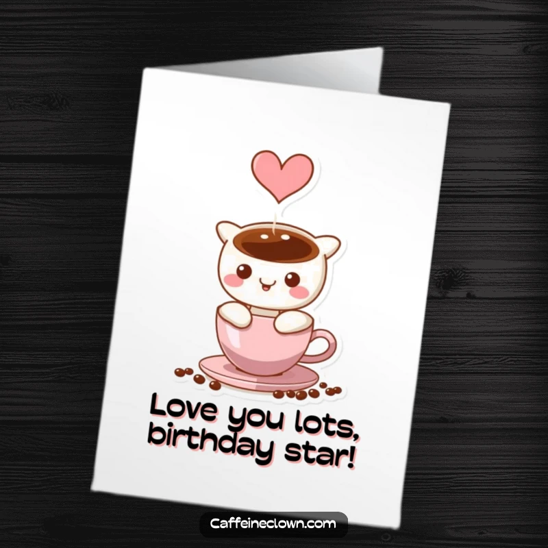 Funny Free Printable Birthday Card: Coffee steam forms a heart above cup, character looking pleased, loving gift.