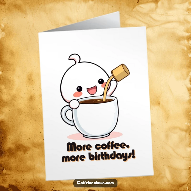 Funny free printable birthday card: Kawaii character joyfully pouring massive coffee, grins wide, ready to celebrate.