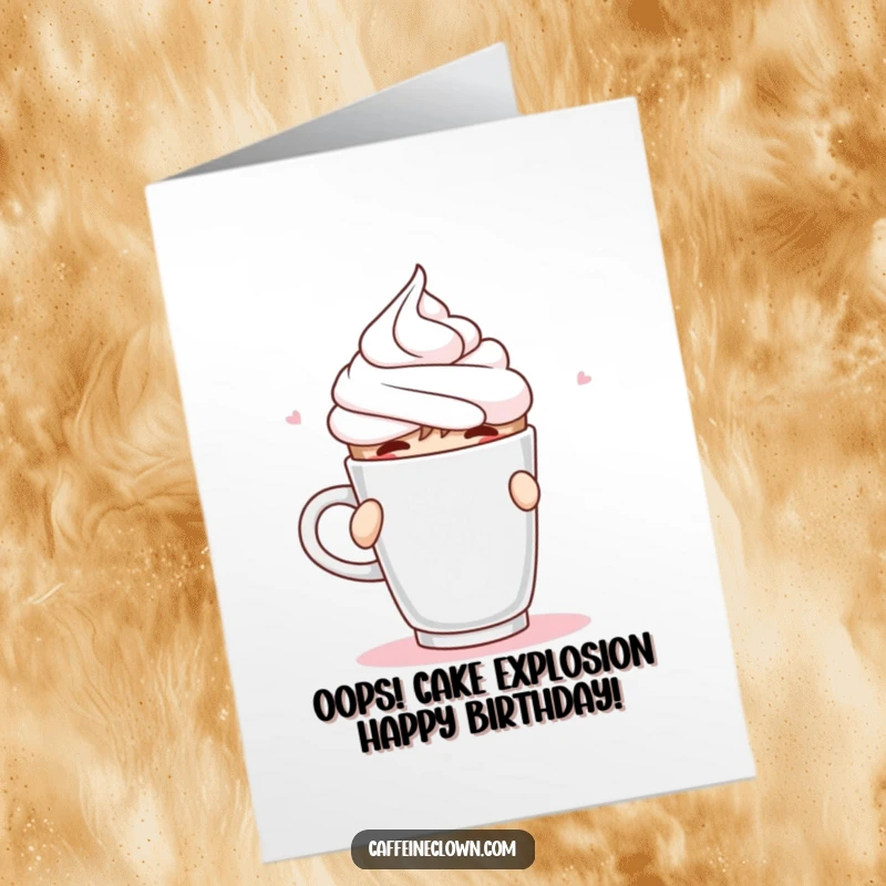 Funny Free Printable Birthday Card: Character spraying whipped cream mid-sip from coffee, messy birthday fun, great downloadable gift.