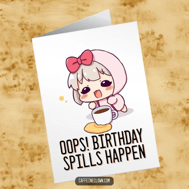Funny Free Printable Birthday Card: Character tripped, spilling a tiny coffee cup, looking surprised with a blush, relatable humor.