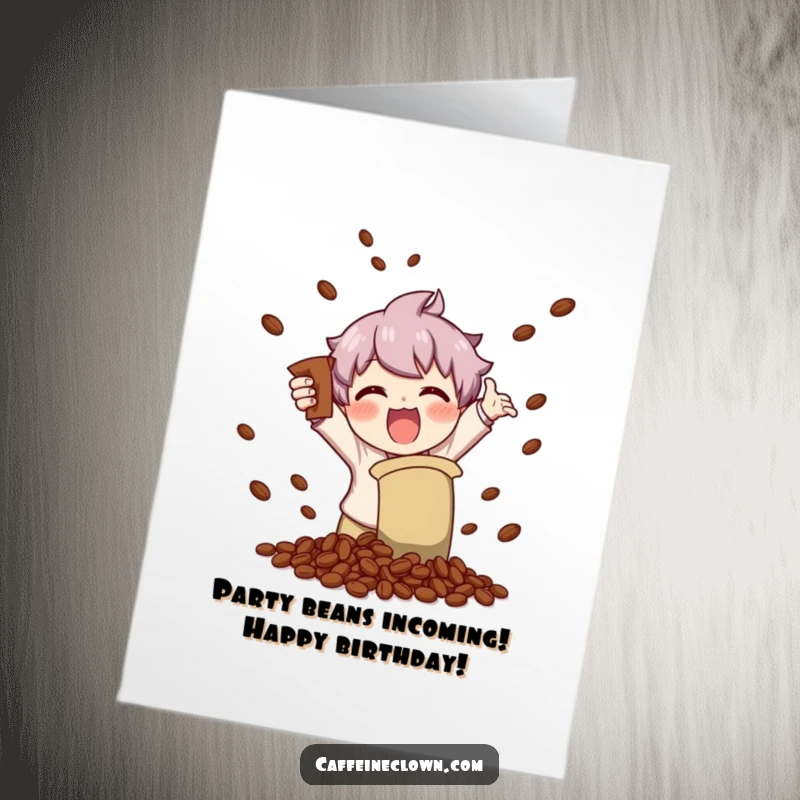 Funny Free Printable Birthday Card showing a character excitedly shaking a coffee bag, joyfully scattering beans everywhere.