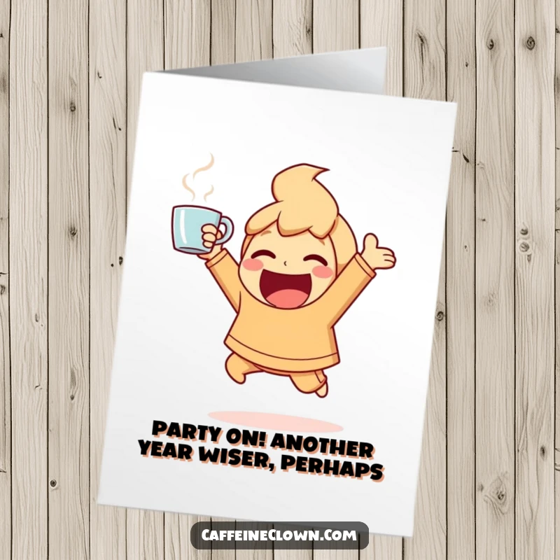 Funny Free Printable Birthday Card: Character bouncing ecstatically, coffee cup held high, celebrating a birthday, great downloadable gift.