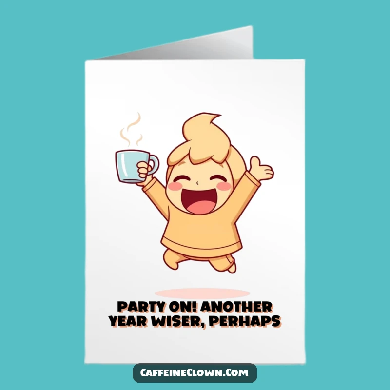 Free Printable Birthday Card: Energetic Coffee Character - Funny Downloadable Gift!