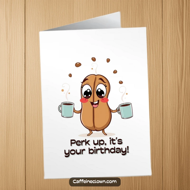 Funny Free Printable Birthday Card: Hyperactive coffee bean with wide eyes, expertly juggling steaming mugs of coffee.