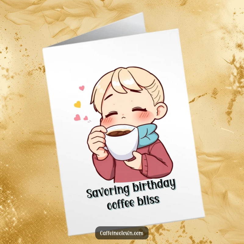 Funny Free Printable Birthday Card: A character with closed eyes blissfully savors a sip of coffee, pure contentment shown.