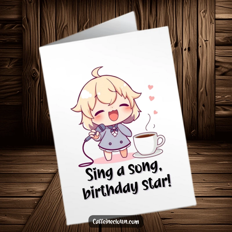 Funny Free Printable Birthday Card featuring a character belting out a tune with a spoon as a microphone, coffee in hand.