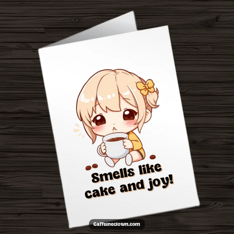Funny Free Printable Birthday Card: Character joyfully smelling coffee steam, pure bliss, perfect gift.