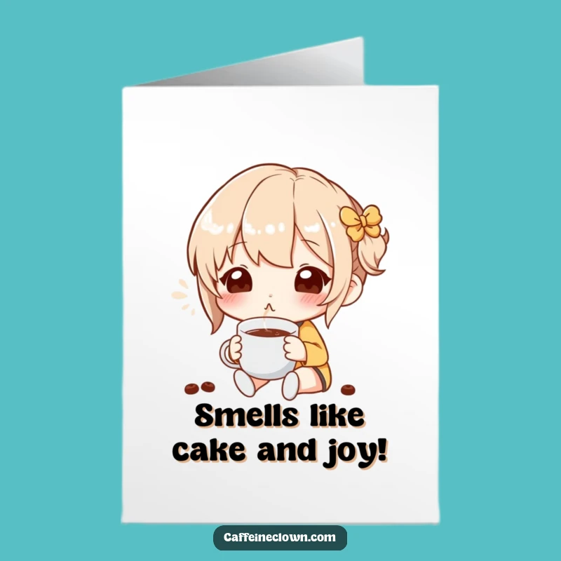 Free Printable Birthday Card: Blissful Coffee Aroma Character, Funny Downloadable Gift