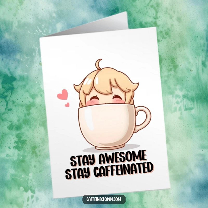 Funny Free Printable Birthday Card with a blushing character enjoying a comically oversized coffee cup with pure delight.