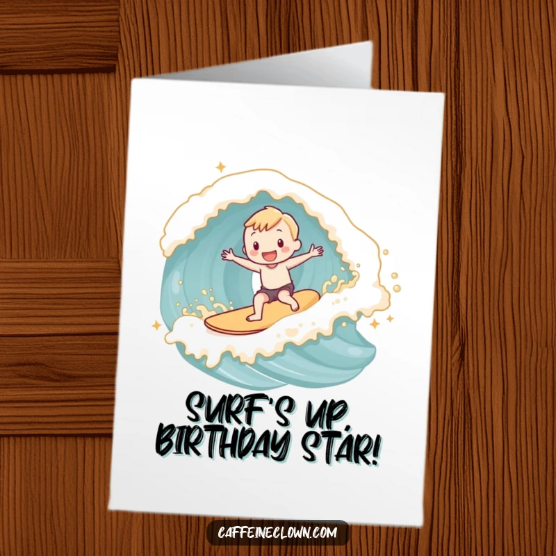 Funny Free Printable Birthday Card: Adorable subject gleefully surfs a wave made of frothy latte foam.
